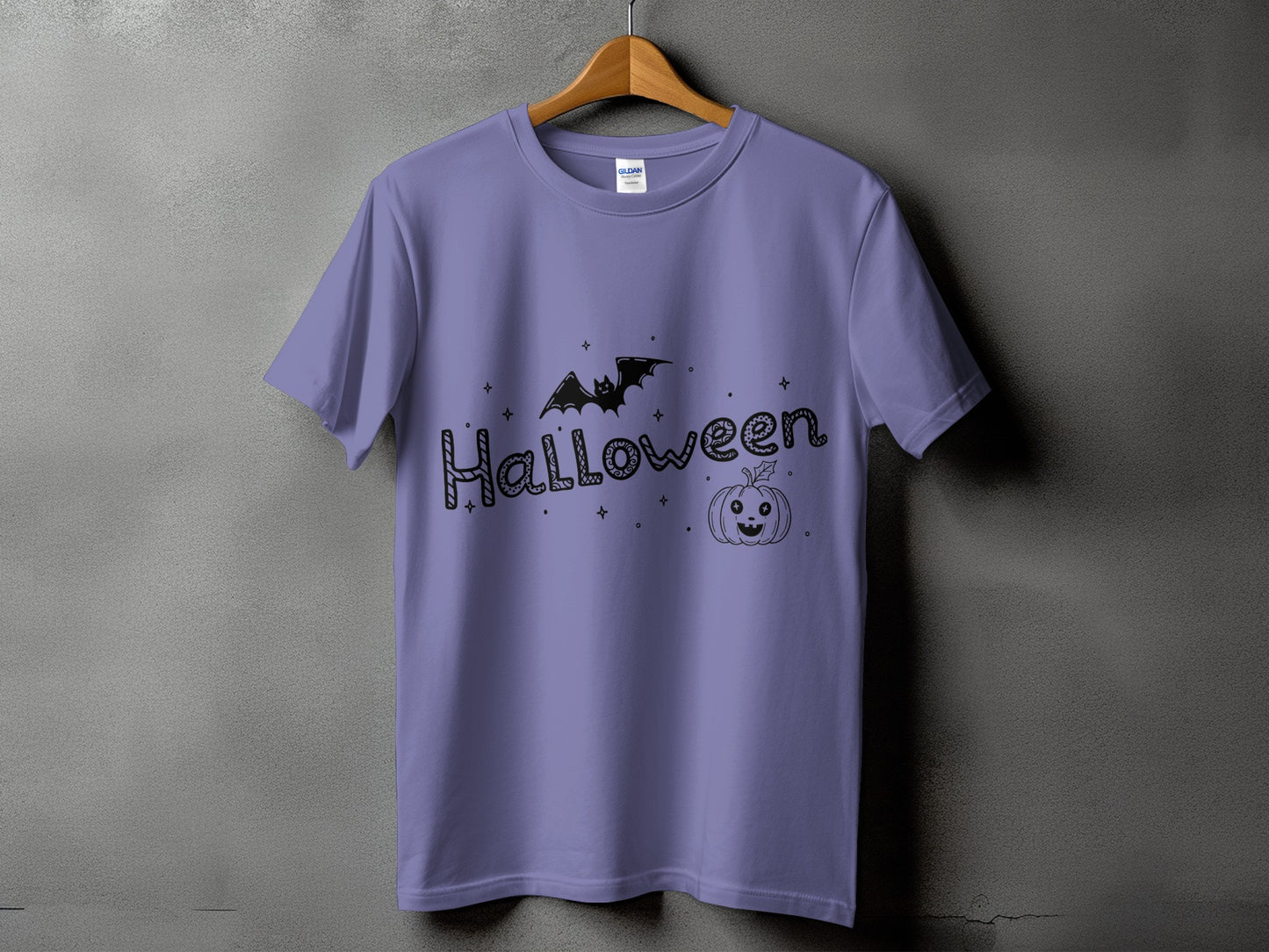 Purple t-shirt with black Halloween text, bat, and pumpkin graphic.