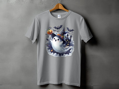 Grey t-shirt with a Halloween graphic of a ghost wearing a witch hat, holding a pumpkin.