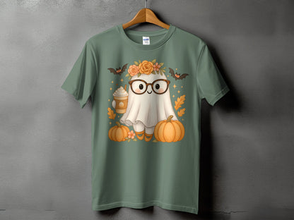 Green t-shirt with a cute ghost wearing glasses holding a coffee cup.