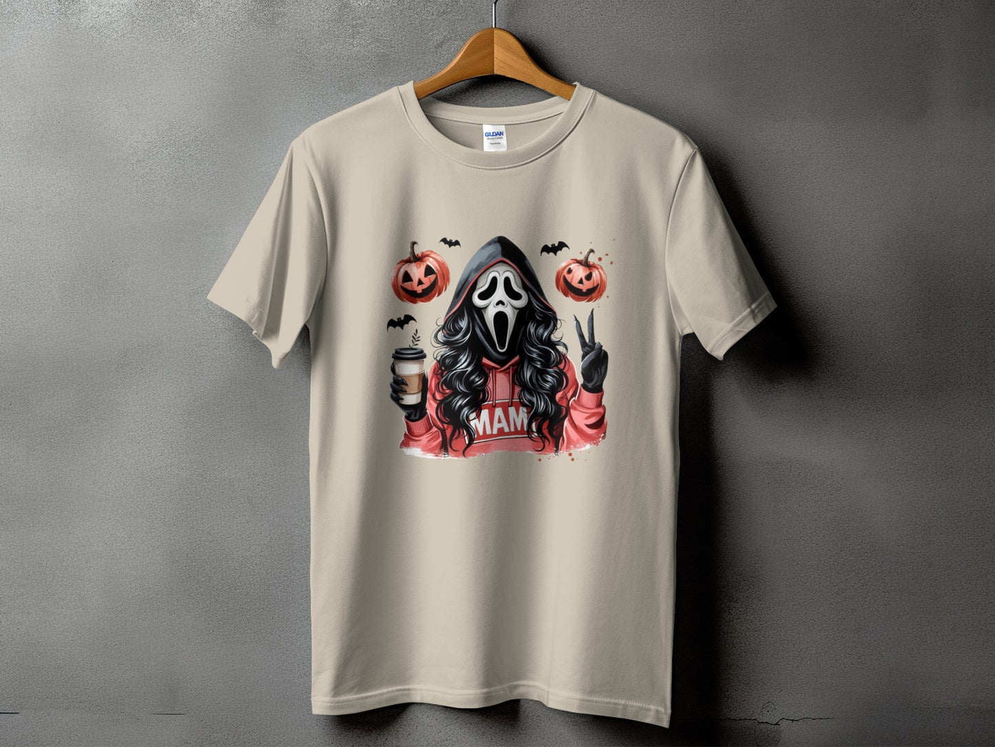 Ghostface with coffee and peace sign, two pumpkins, and bats.