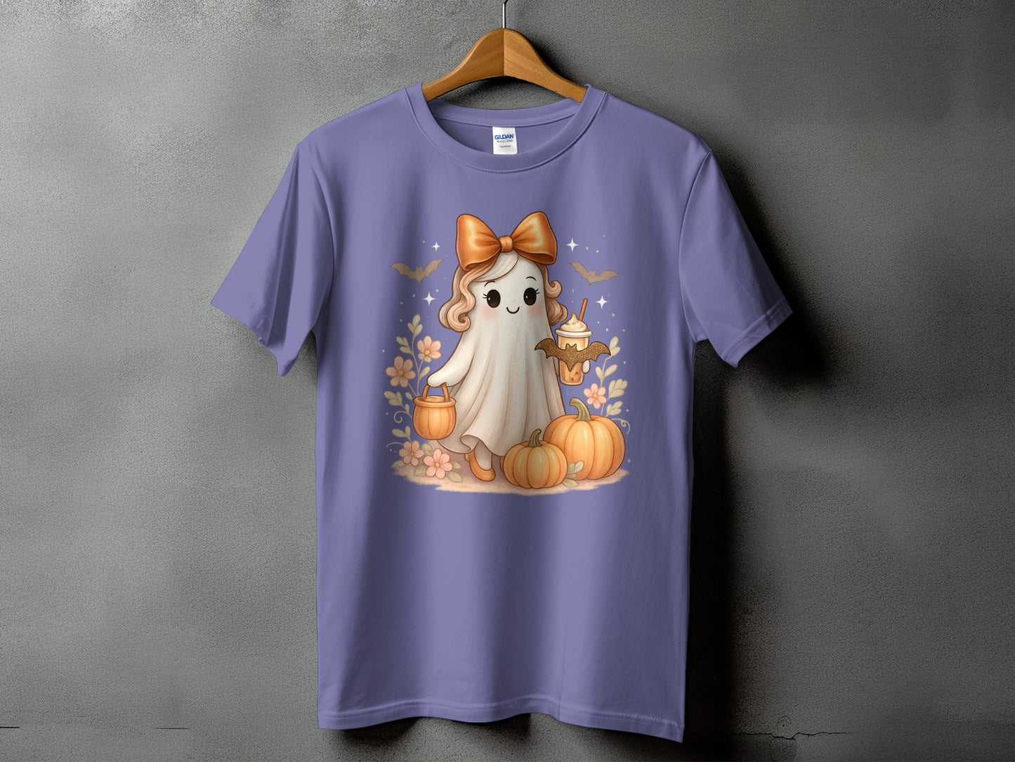 Cute ghost with bow, holding pumpkin and drink, surrounded by pumpkins and flowers.