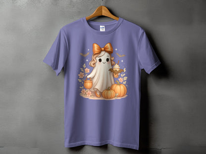 Cute ghost with bow, holding pumpkin and drink, surrounded by pumpkins and flowers.
