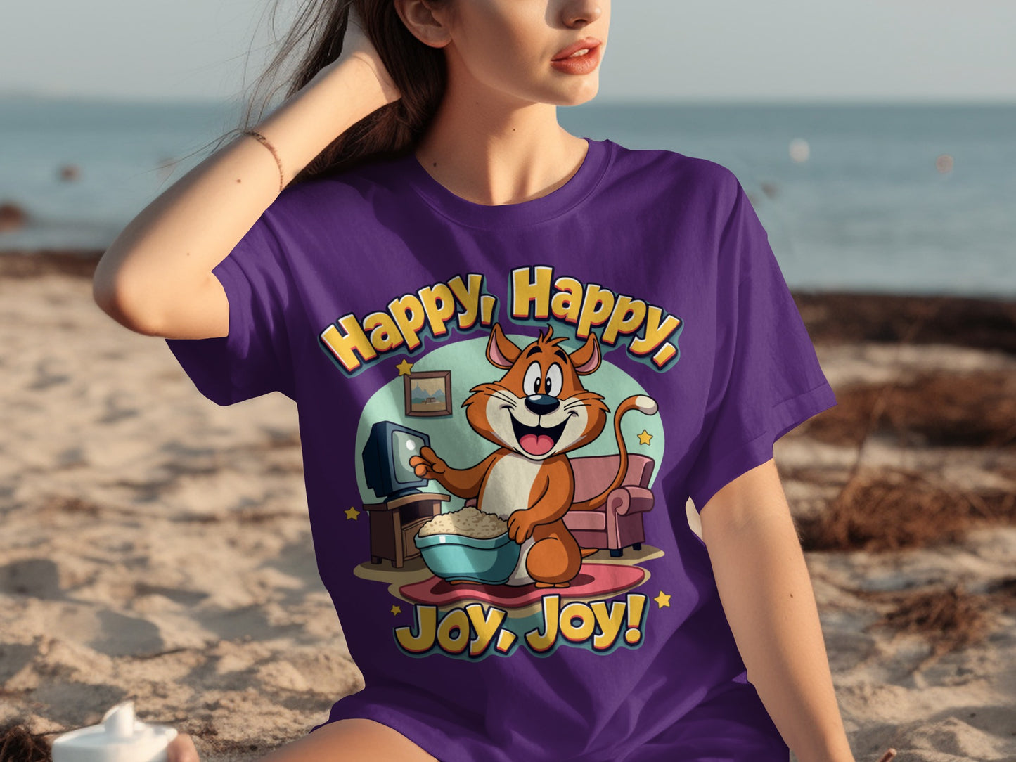 Happy Happy Joy Joy Cute Cat Cartoon Graphic T-shirt