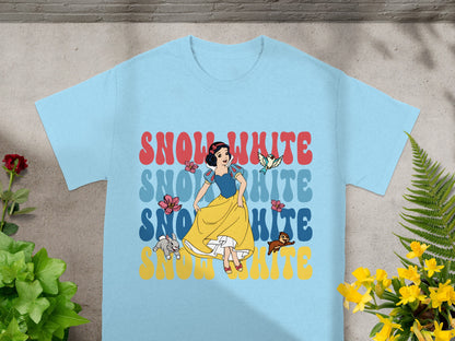 Light blue t-shirt with "Snow White" text and character art.