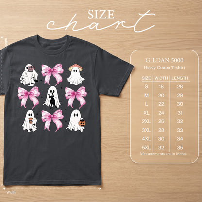 Dark gray t-shirt with ghosts, bows, and a cat graphic, plus a size chart.