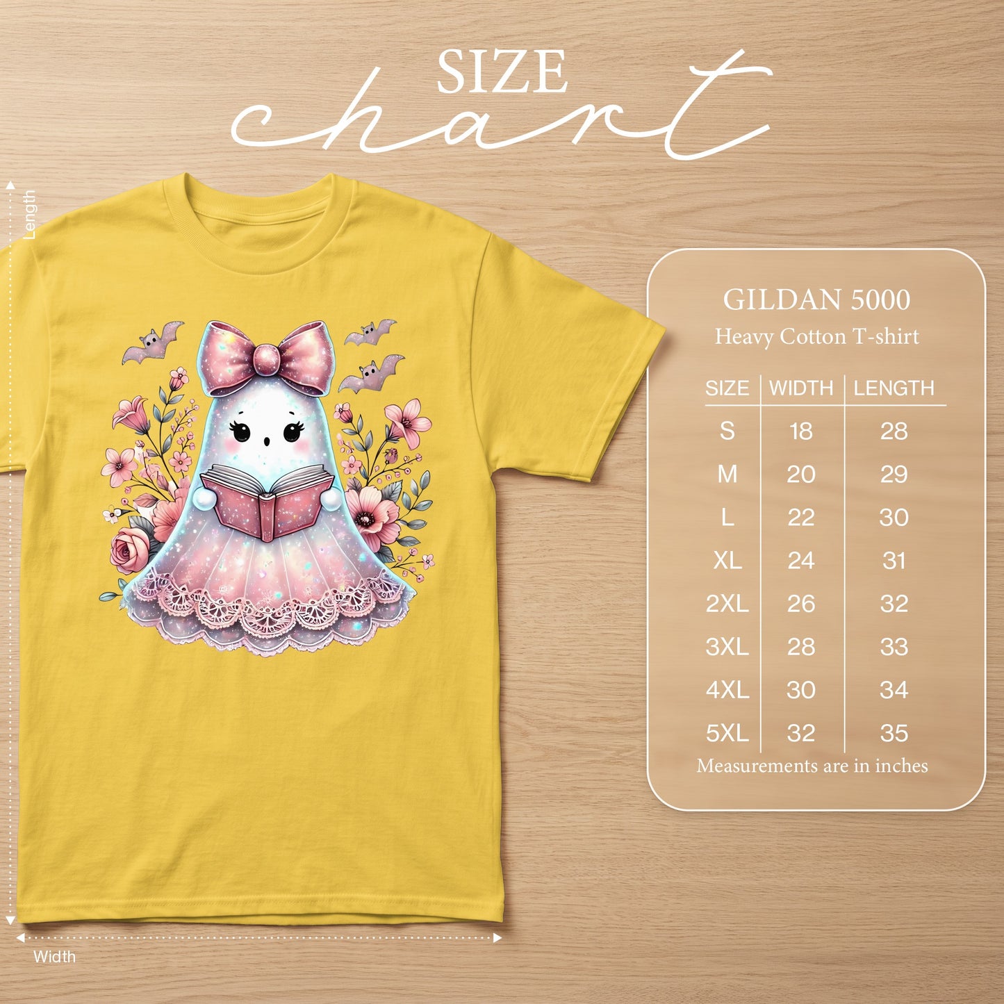 Yellow Gildan 5000 heavy cotton t-shirt with a cute ghost reading a book graphic and size chart.