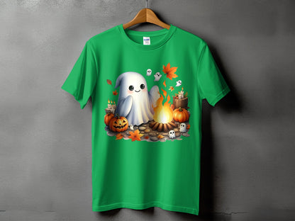 Green t-shirt with a cute ghost, pumpkins, campfire, and small ghosts Halloween design.