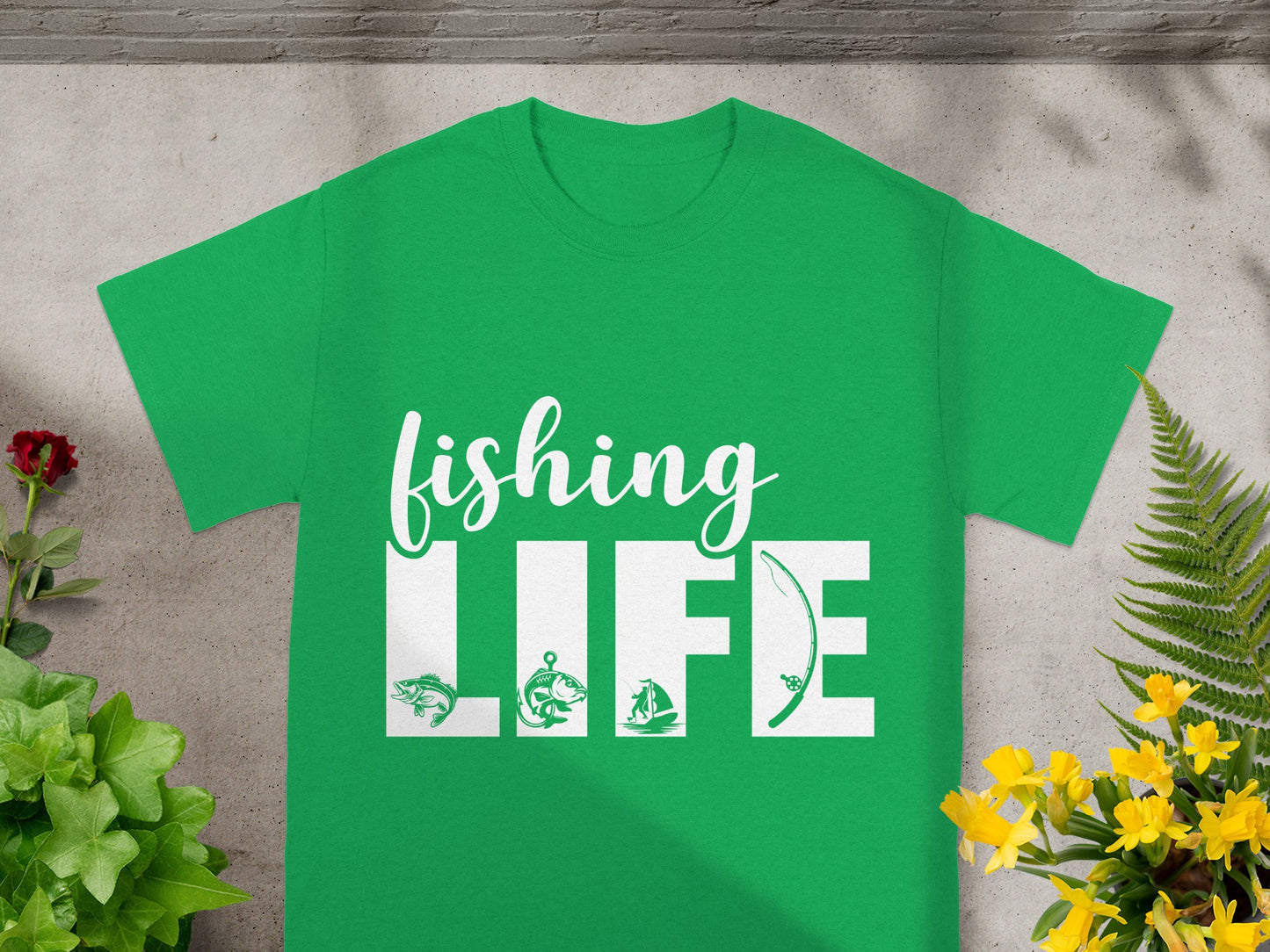 Green t-shirt with white "FISHING LIFE" text and fishing graphics.