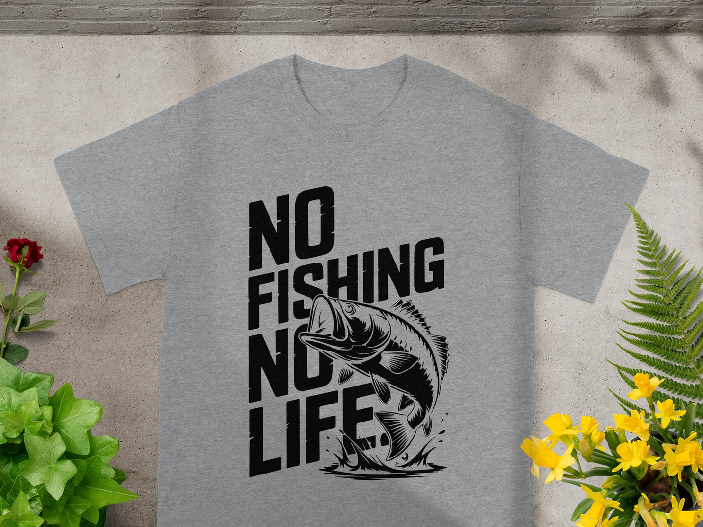 Grey t-shirt with black text "NO FISHING NO LIFE" and jumping bass graphic.