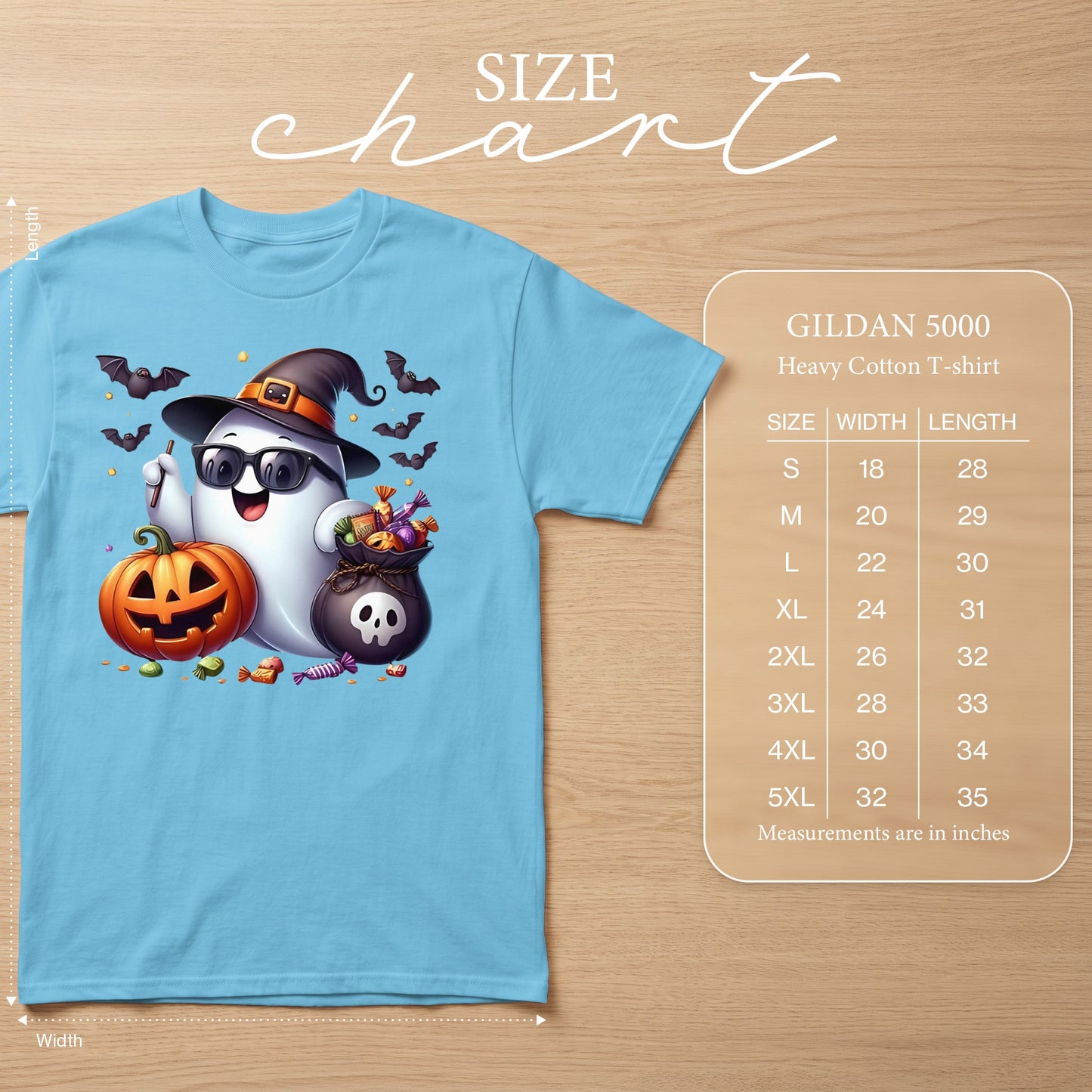 Light blue GILDAN 5000 heavy cotton t-shirt with Halloween ghost graphic and size chart.