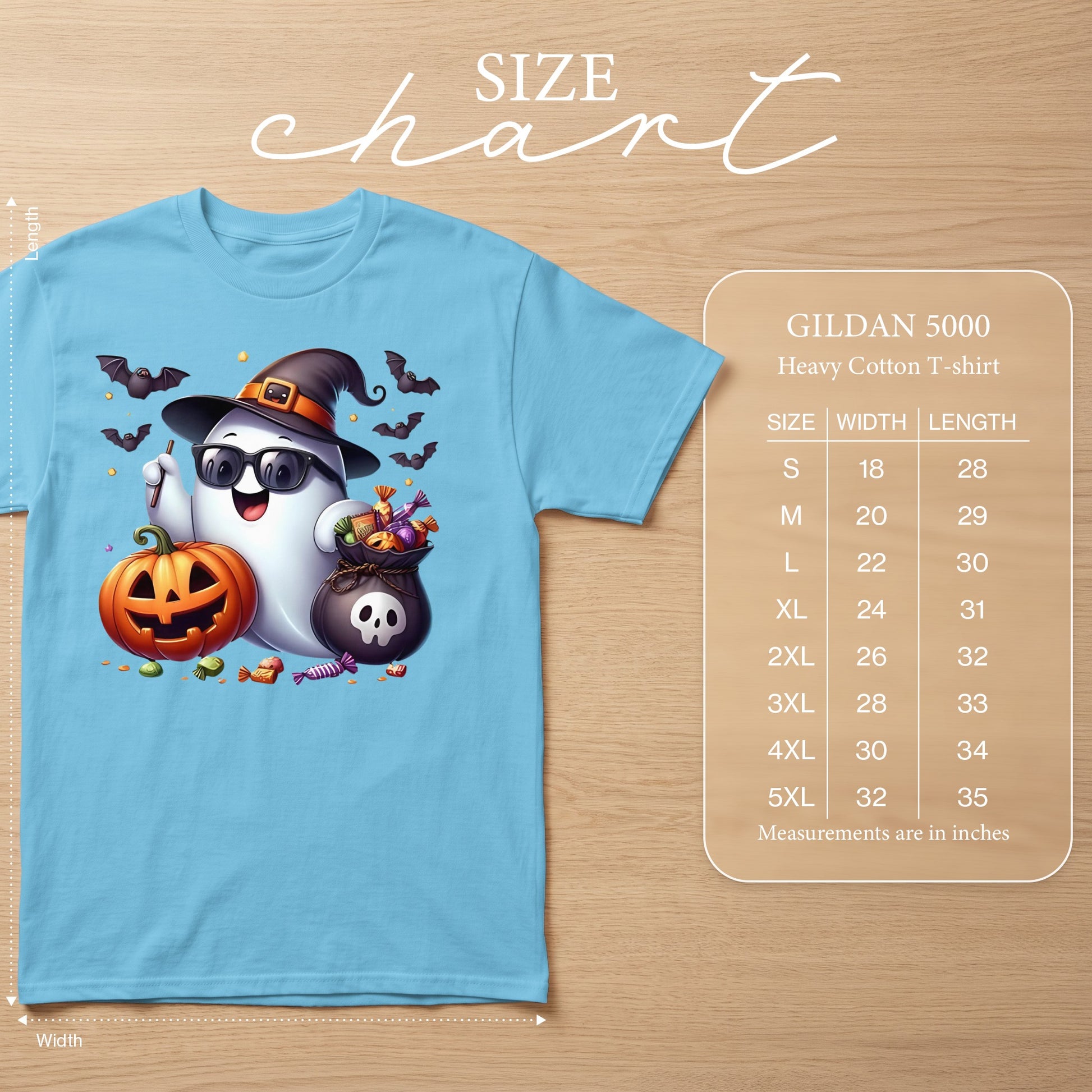 Light blue GILDAN 5000 heavy cotton t-shirt with Halloween ghost graphic and size chart.
