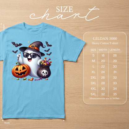 Light blue GILDAN 5000 heavy cotton t-shirt with Halloween ghost graphic and size chart.