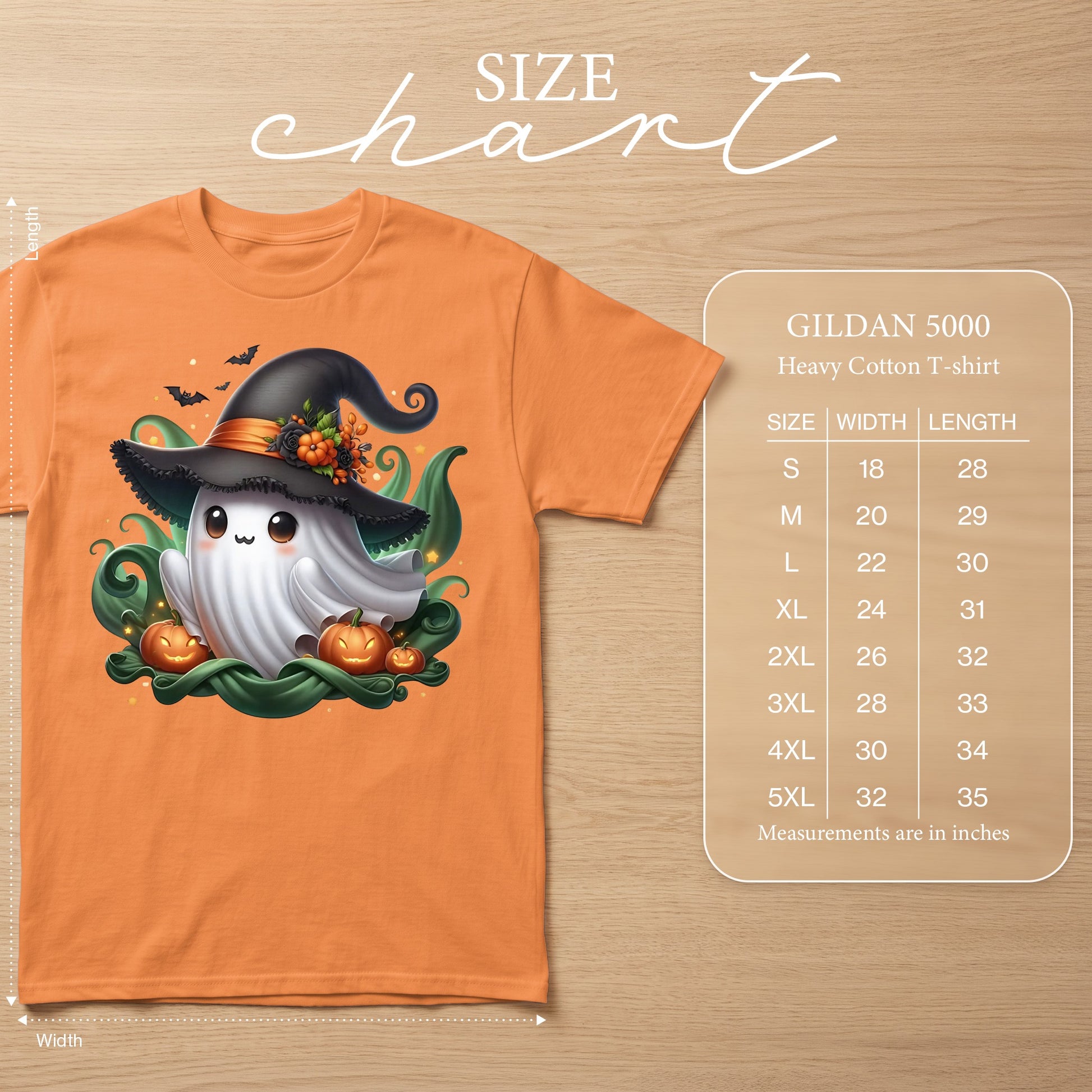 Orange t-shirt with a cute ghost wearing a witch hat and pumpkins, size chart included.