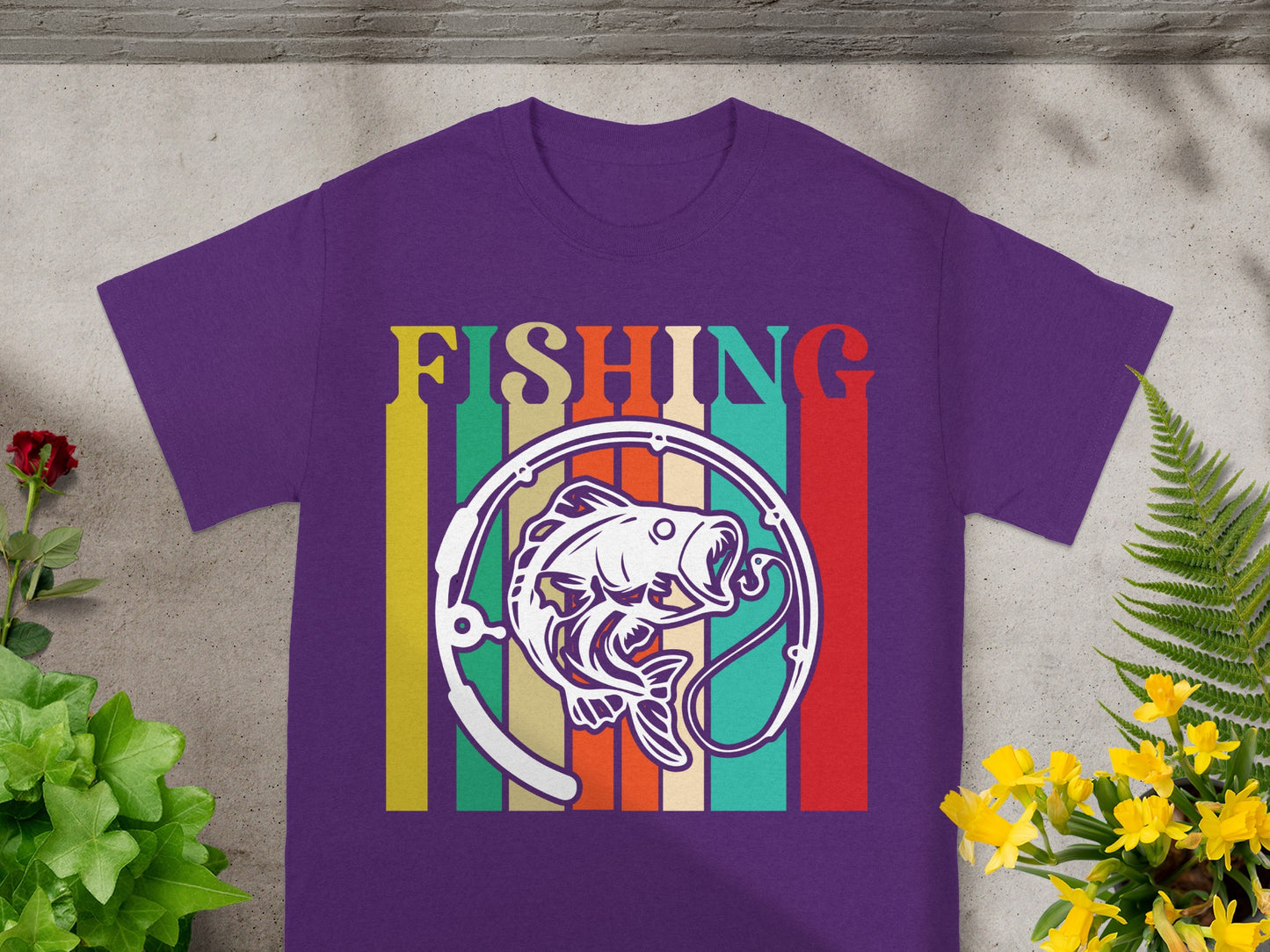 Purple t-shirt with "FISHING" text and a fish caught on a hook graphic.