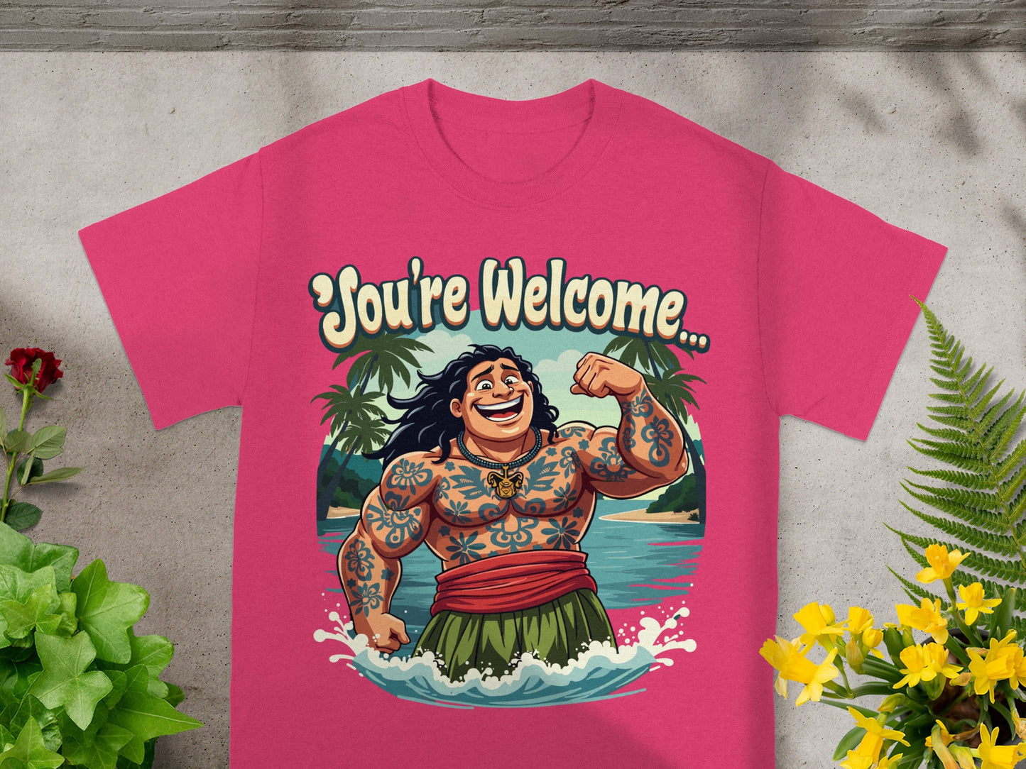 Tattooed man with tan skin and black hair flexing on a tropical beach, "You're Welcome..." text.