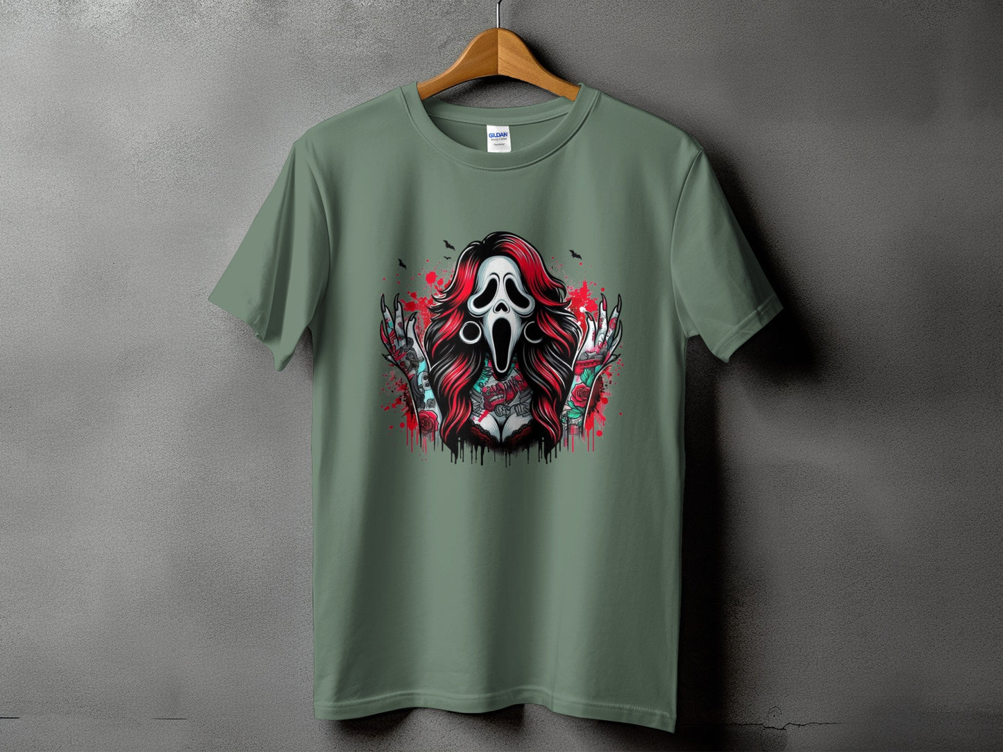 T-shirt with a Scream mask, red hair, and tattooed torso with roses.