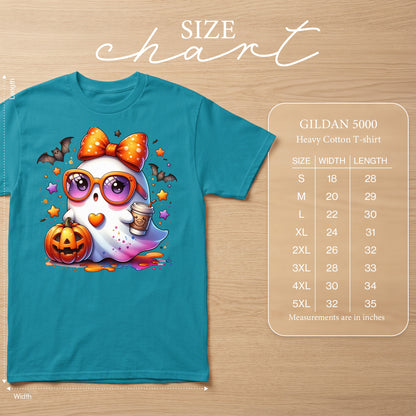 Teal t-shirt with a cute ghost graphic, size chart, and text: "GILDAN 5000 Heavy Cotton T-shirt".