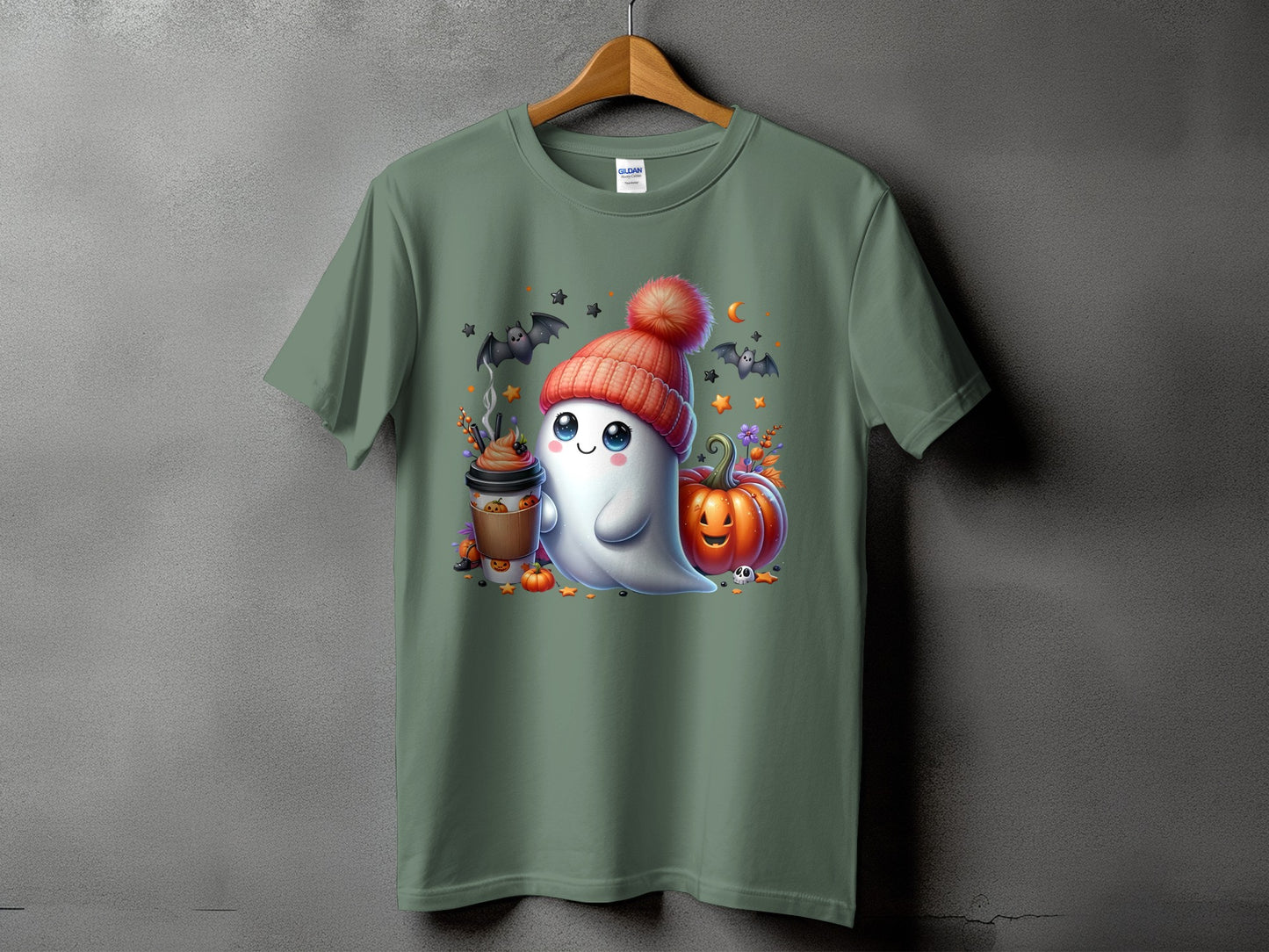 Green t-shirt with a cute ghost, coffee cup, and pumpkins Halloween graphic.