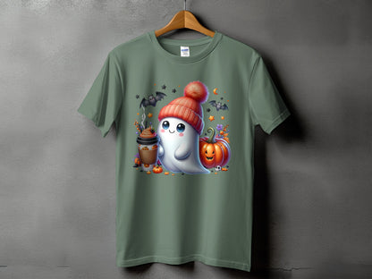 Green t-shirt with a cute ghost, coffee cup, and pumpkins Halloween graphic.