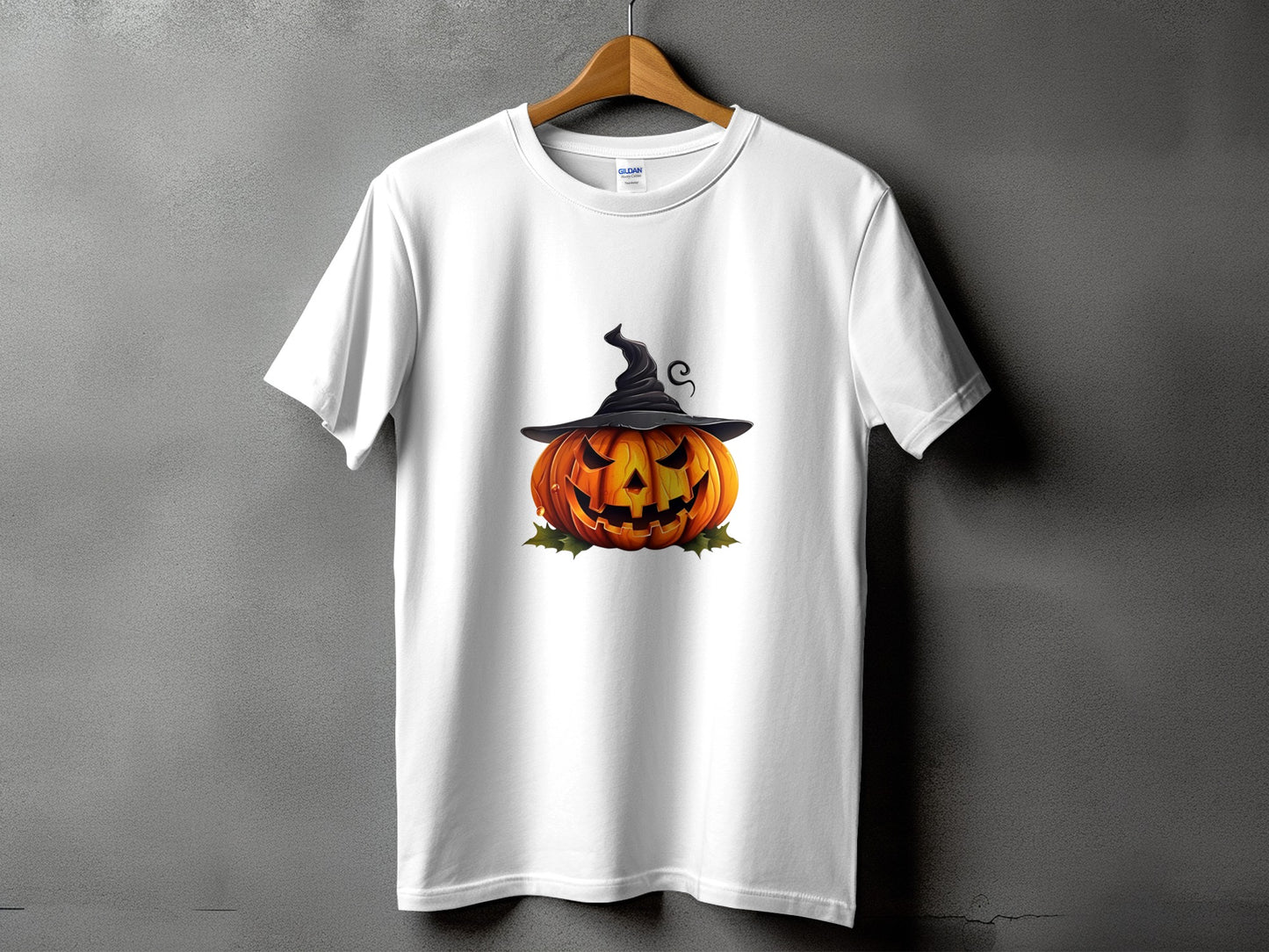 White t-shirt with a grinning jack-o'-lantern wearing a witch's hat.