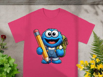Fuchsia t-shirt featuring Cookie Monster holding a large yellow pencil and backpack.