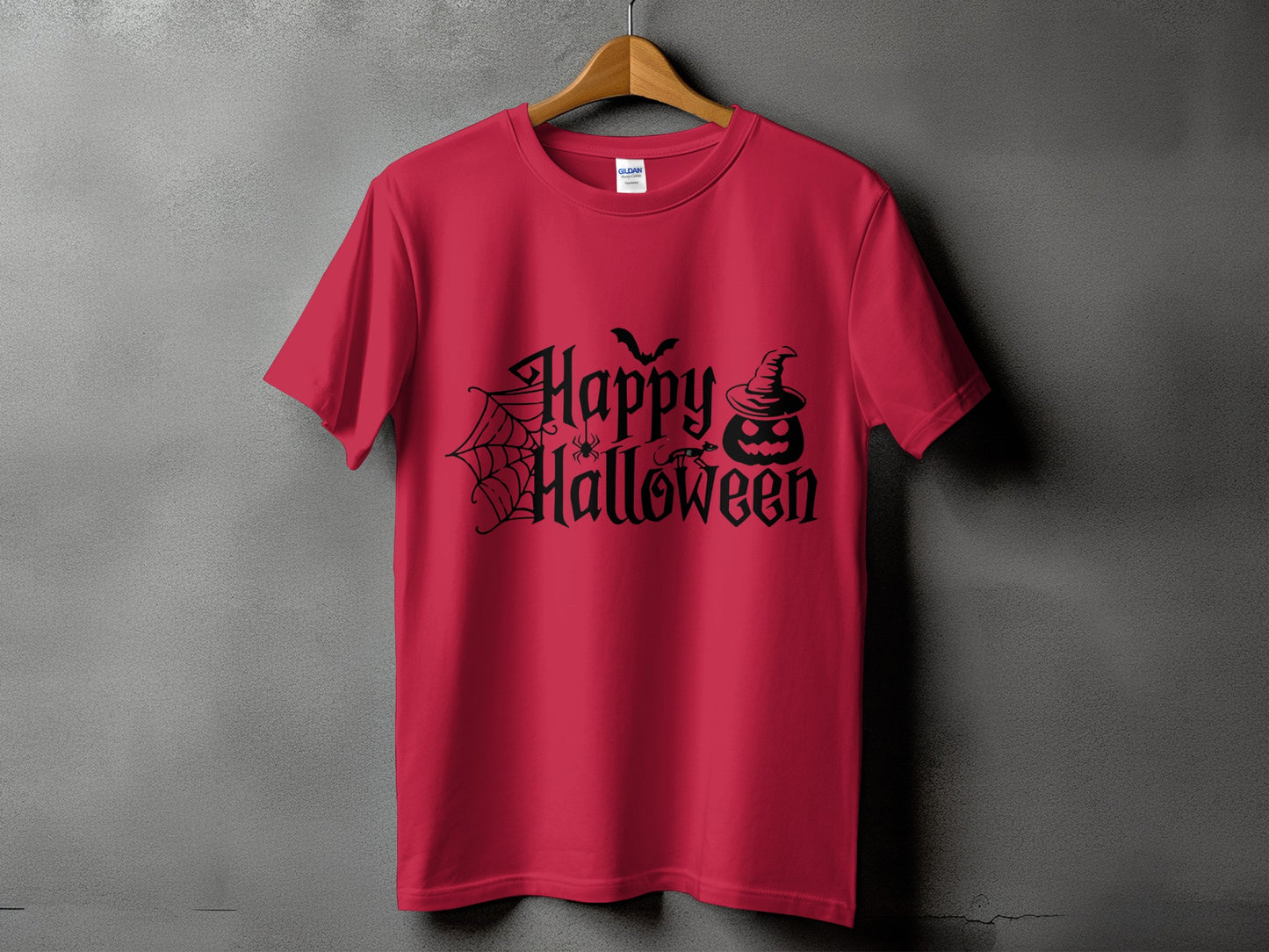 Red t-shirt with black "Happy Halloween" graphic and Halloween-themed icons.