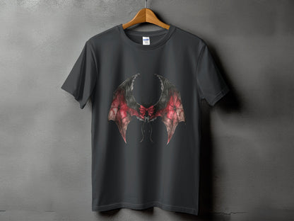 Dark grey t-shirt with gothic bat wings and red bow graphic.