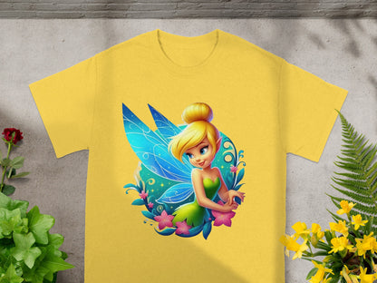 Yellow t-shirt with Tinkerbell illustration, surrounded by flowers and leaves.