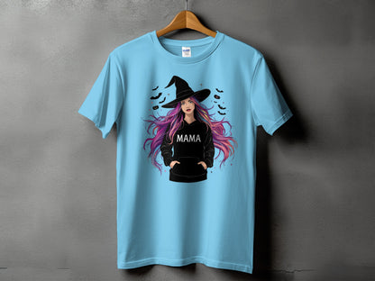 Light blue t-shirt with witch graphic and "MAMA" text on a hoodie.