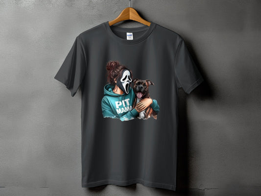 Dark grey t-shirt with graphic of person wearing scream mask hugging pit bull, text reads "PIT MAMA".