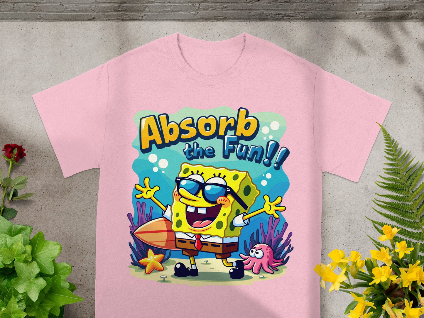 SpongeBob SquarePants with surfboard, smiling and wearing sunglasses, text "Absorb the Fun!!"