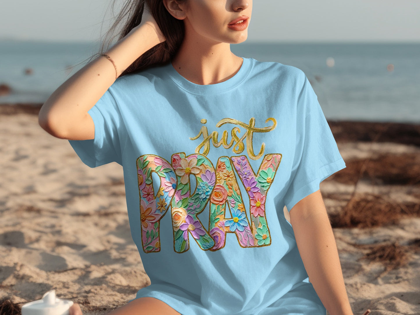 Just Pray Blue Floral Graphic Tee Shirt