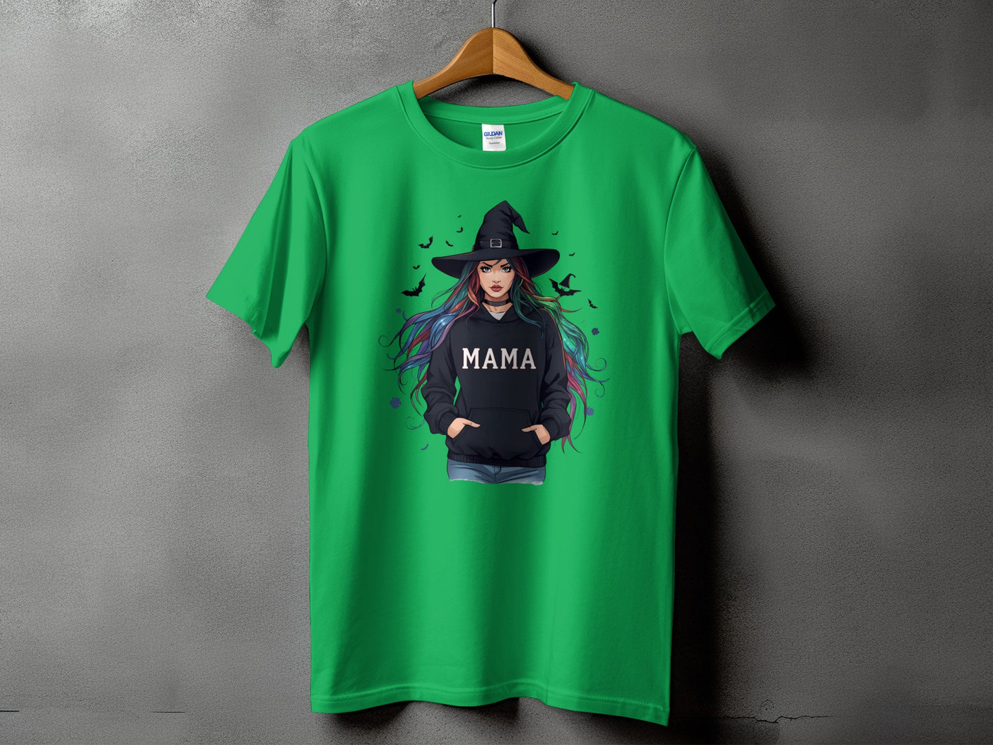 Green t-shirt with witch graphic and "MAMA" text on black hoodie.