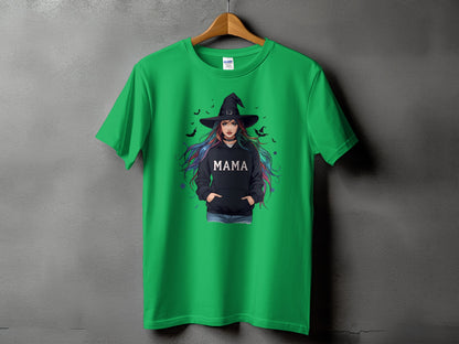 Green t-shirt with witch graphic and "MAMA" text on black hoodie.