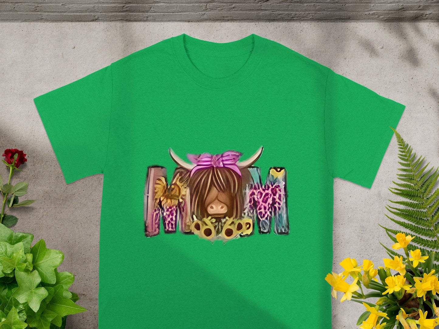 Green Shirt with Cute Cow Graphic and Floral Design