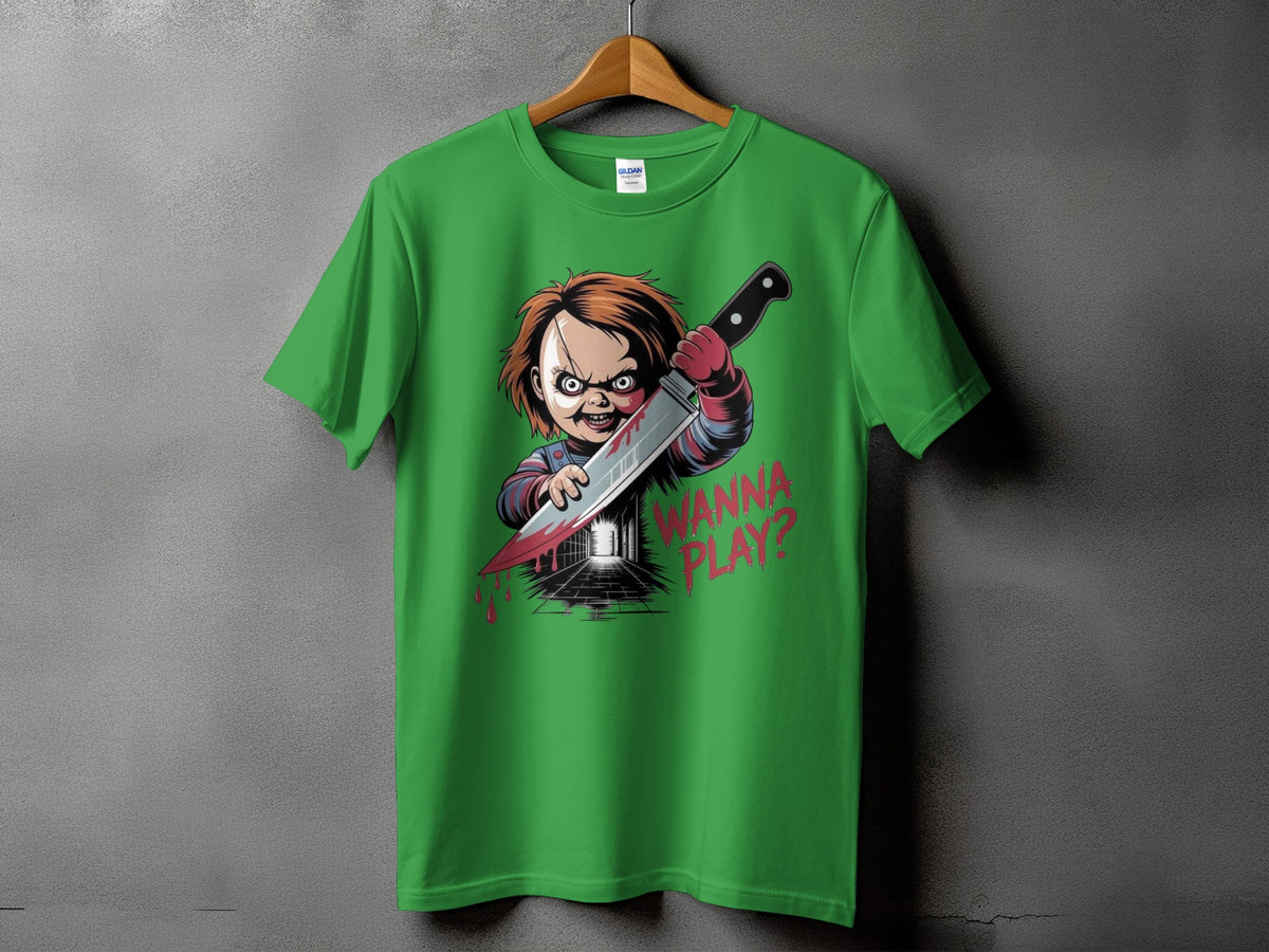Green t-shirt with Chucky holding a bloody knife and text "WANNA PLAY?".