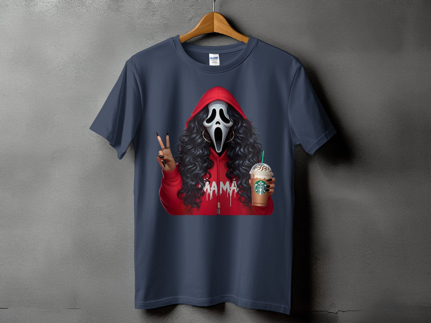Scream mask character in red hoodie holding Starbucks drink and making peace sign.