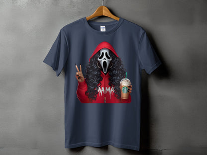 Scream mask character in red hoodie holding Starbucks drink and making peace sign.