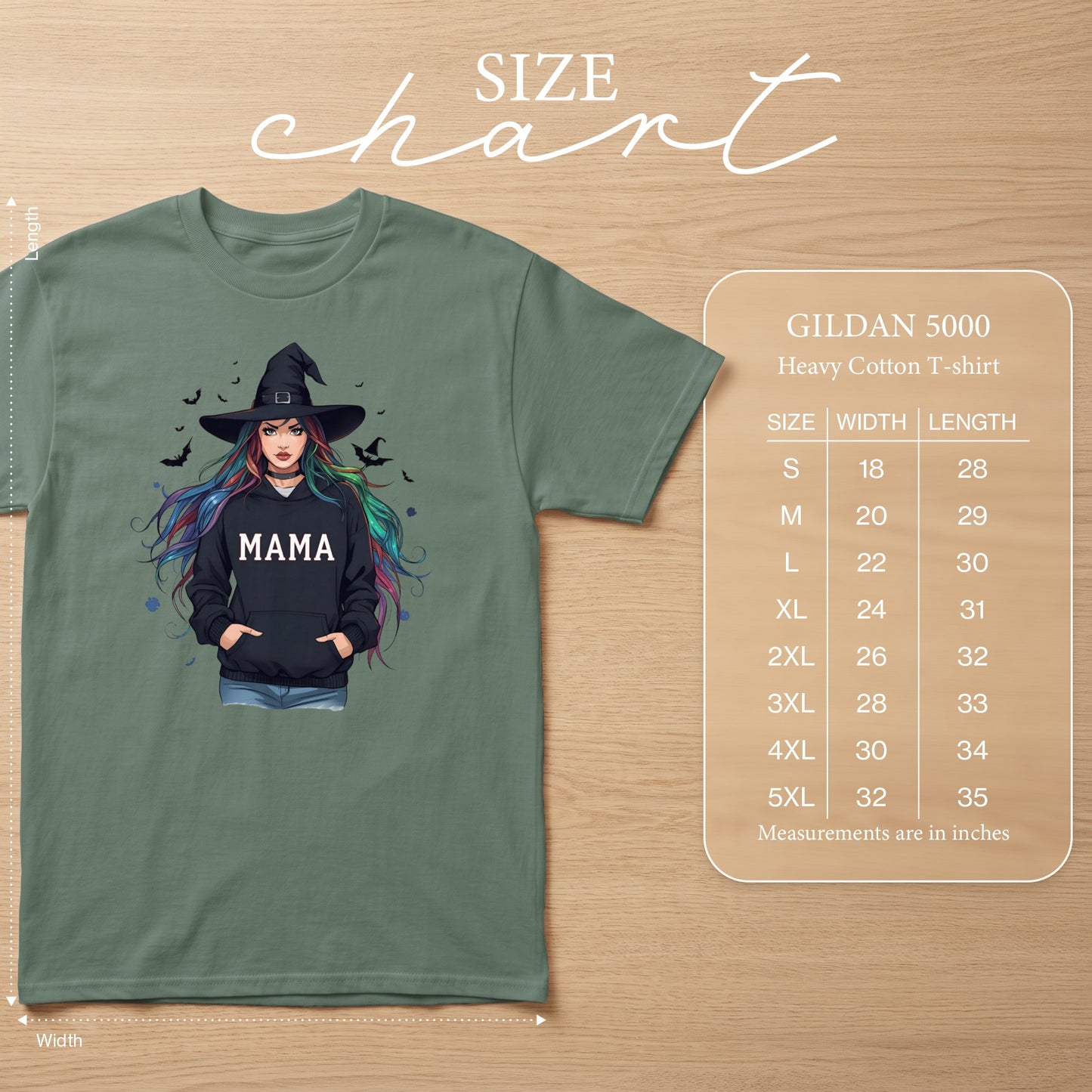 Green t-shirt with witch graphic and size chart including width and length.