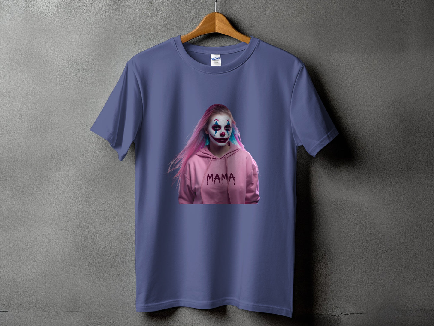 Purple t-shirt with a graphic of a person in clown makeup and a pink hoodie with "MAMA" text.
