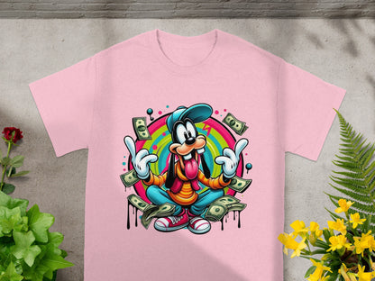Goofy character wearing sunglasses and a hat, surrounded by money.
