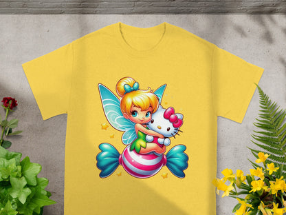 Fairy character hugging Hello Kitty on a yellow t-shirt.