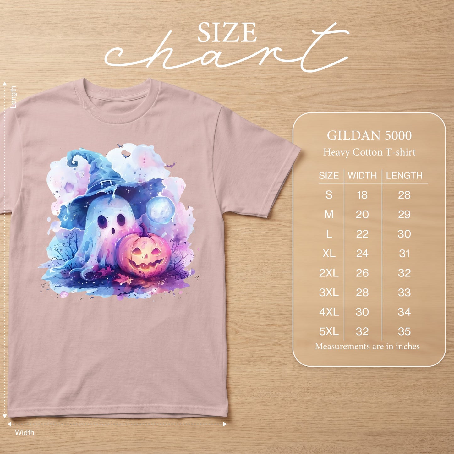 Pink t-shirt with watercolor ghost, witch hat, and jack-o'-lantern graphic and size chart.