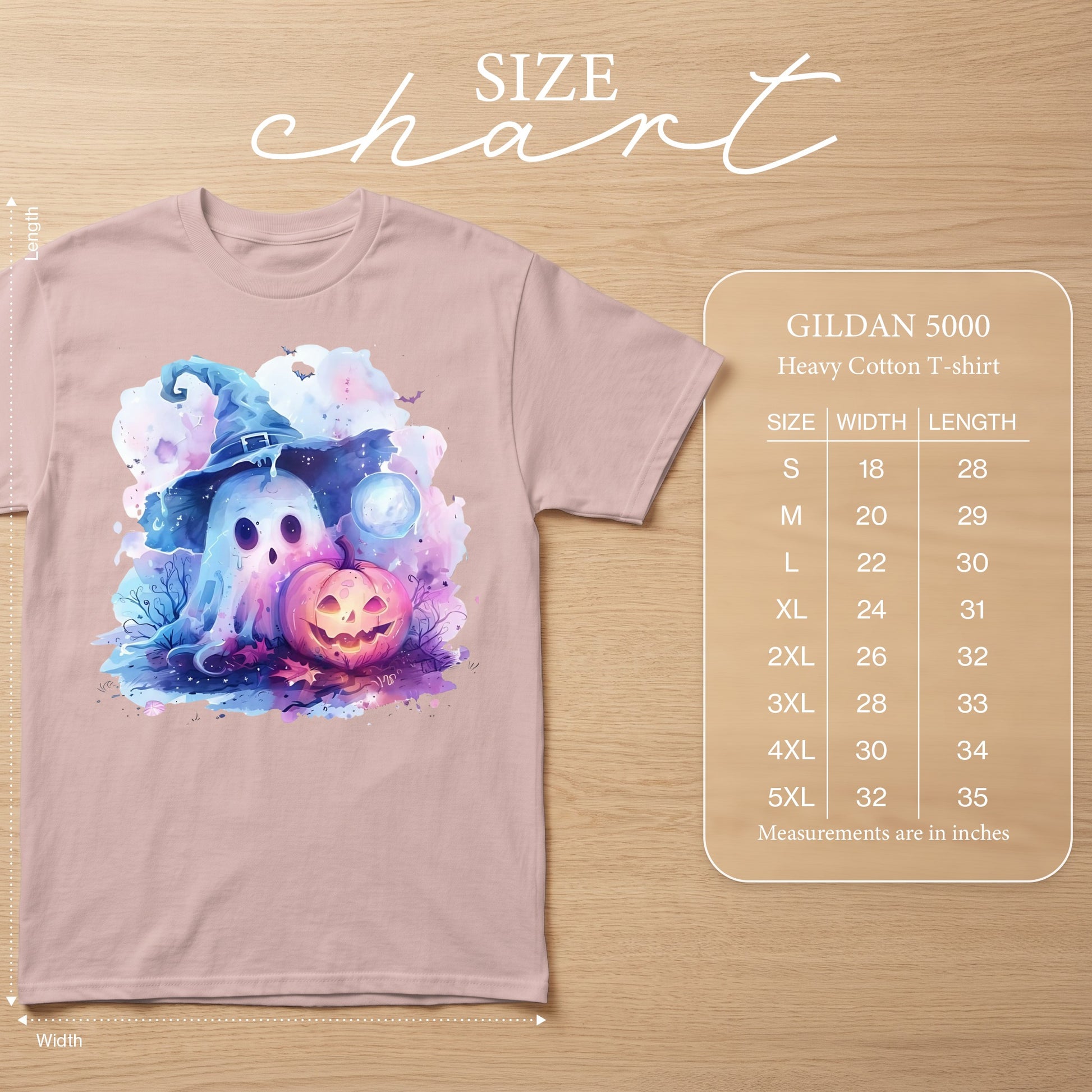 Pink t-shirt with watercolor ghost, witch hat, and jack-o'-lantern graphic and size chart.