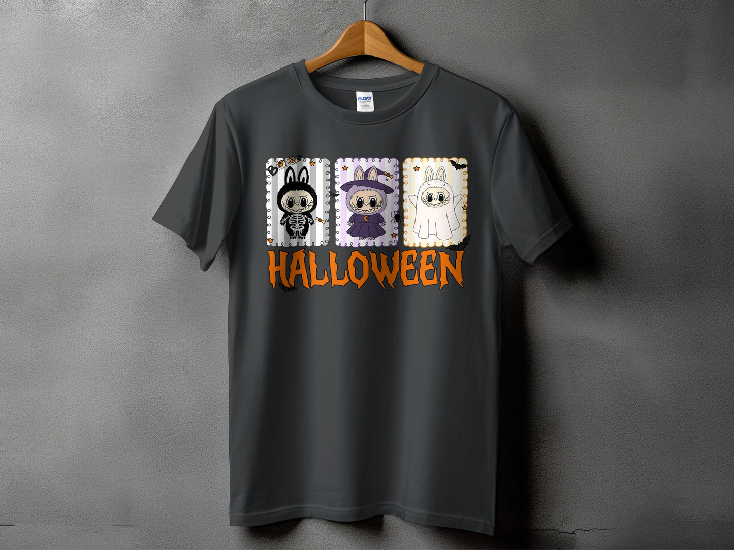 Dark gray t-shirt with Halloween graphic featuring three cartoon characters and "HALLOWEEN" text.