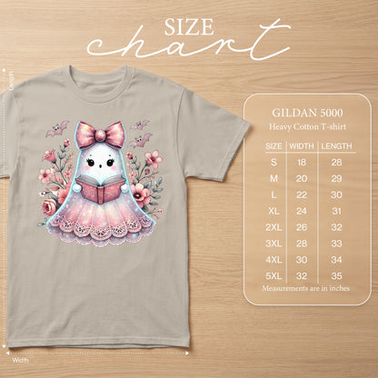 Size chart for Gildan 5000 Heavy Cotton T-shirt with ghost graphic.