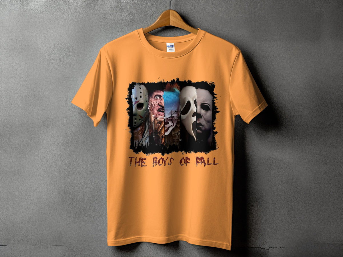 Orange t-shirt with horror characters and "The Boys of Fall" text.