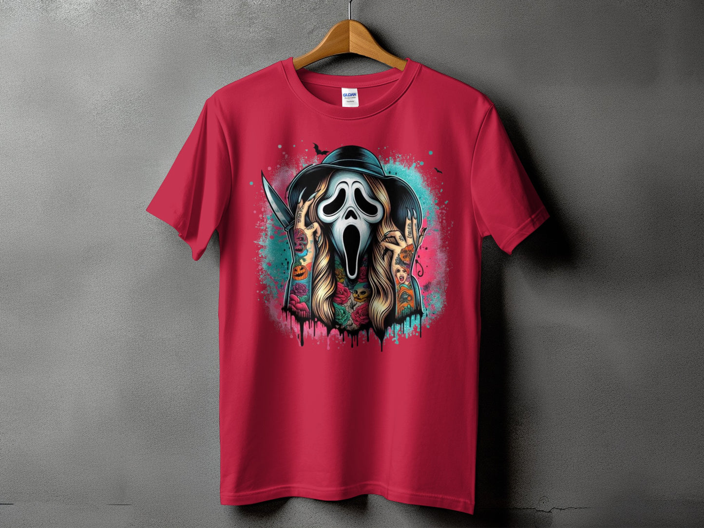 Crimson t-shirt with ghost face, knife, tattoos, and Halloween-themed illustrations.