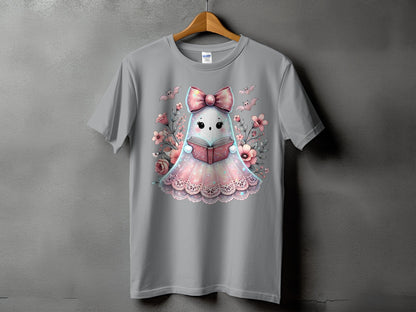 Gray t-shirt with a kawaii ghost wearing a bow reading a book surrounded by flowers.