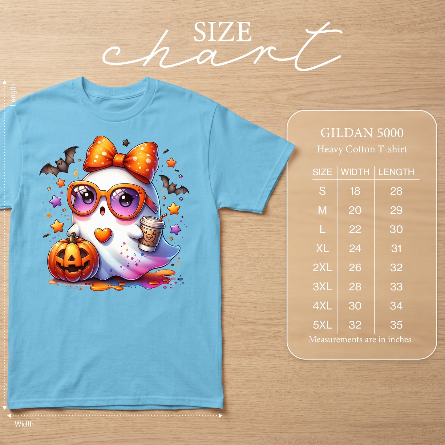 Light blue t-shirt with a cute ghost graphic and Gildan 5000 size chart.